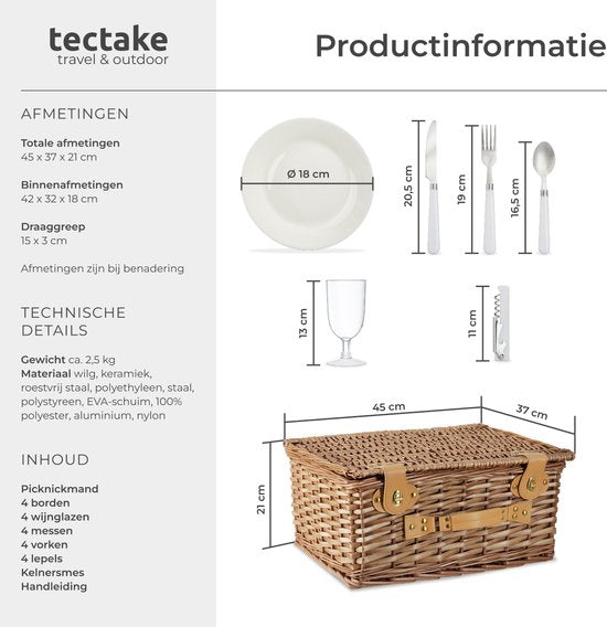 tectake® complete Picnic Basket Set Terschelling - Luxury 21-piece Picnic Set for 2 - Wicker Picnic Basket - Includes Cooler, Set with Plates, Plastic Wine Glasses and Stainless Steel Cutlery