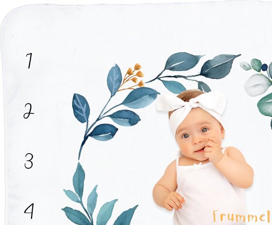 Frummel Milestone blanket 'Leaves' - Milestone blanket - Milestone baby - Baby Gift Boy - Baby Gift Girl - Baby Shower Gift - Baby Gift - Milestone blanket in Dutch - Mother's Day gift - 115 x 115 cm