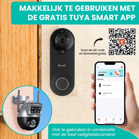 Sonnette vidéo avec caméra - avec gong et carte SD de 128 Go - sans fil - sonnette intelligente - avec application - noir - de Saaf