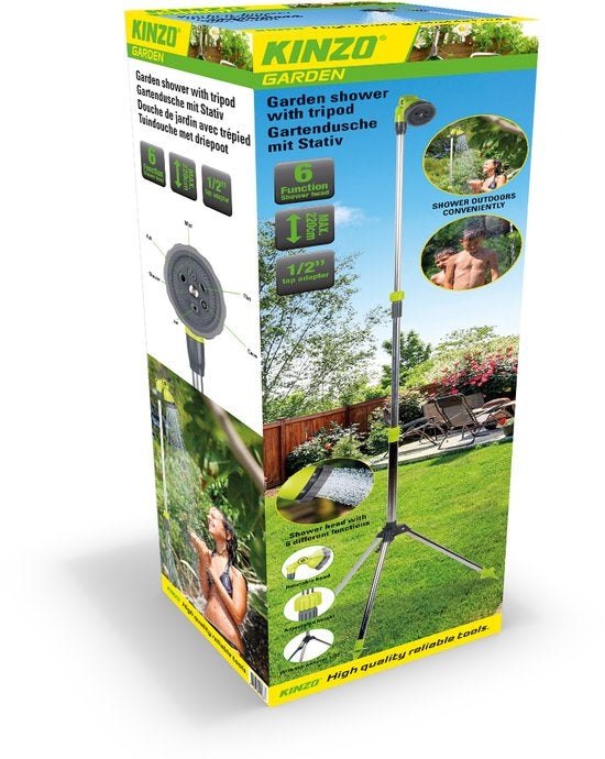 Kinzo Douche de jardin réglable - ⌀56 x 160/220CM - Trépied, pomme de douche et raccord pour tuyau d'arrosage inclus - Plastique/Aluminium - Vert/Argent