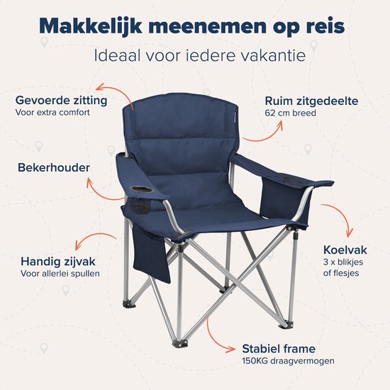 Chaise de camping - TRVLMORE  - XL - Chaise pliante confortable - 150 kg max - Porte-boisson - Bleu