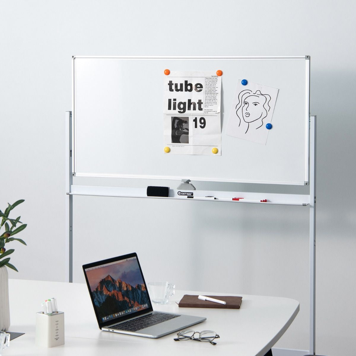 Coast Double -sided magnetic mobile whiteboard adjustable dry dipable panel on wheels white