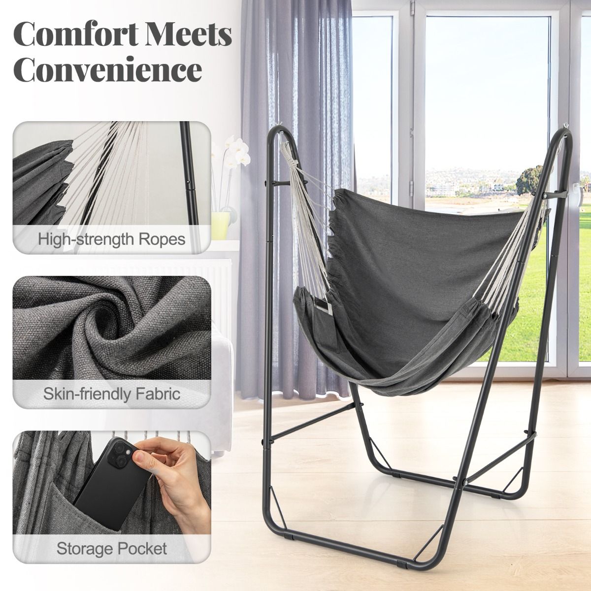 Fauteuil suspendu Coast avec support - Assise en coton et polyester - Poches latérales - Gris - 130 x 87 x 161 cm