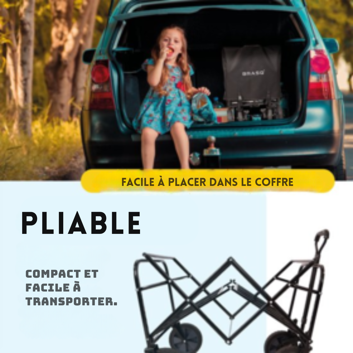 BRASQ Wagon pliable - 100 litres - Capacité 80 KG - Roues pivotantes avec frein - 90x51x100 CM - Poignée réglable - Wagon pliable - Compact - Noir