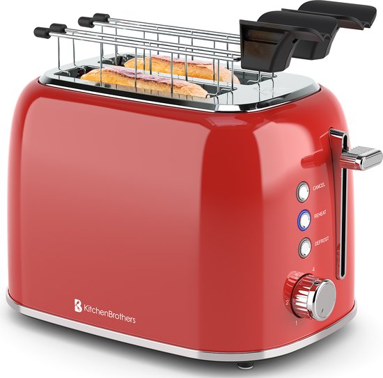 Grille pain - KitchenBrothers - Toaster - 6 niveaux de chaleur - Fentes larges - 870W - Rouge