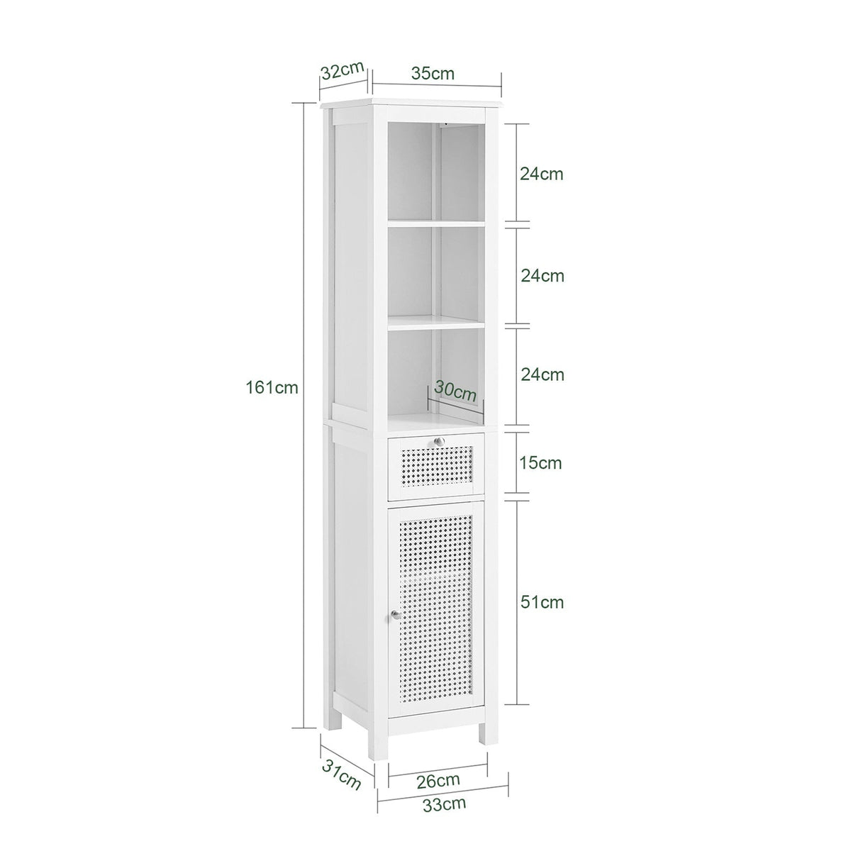 SoBuy Armoire de toilette - Armoire haute - 1 tiroir - 3 étagères - 35 x 32 x 161 cm - Blanc