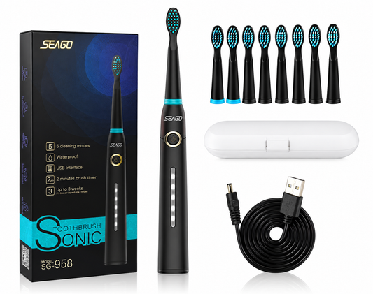 Brosse à dents électrique Seago SG958 - Noire - 22,2 x 2,55 x 2,55 cm - Rechargeable par USB, 5 modes