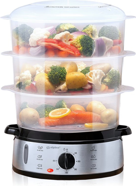 Cuiseur vapeur Alpina 9 L - Cuiseur vapeur 800 W - Cuiseur vapeur avec minuterie et fonction de maintien au chaud - Cuiseur vapeur à 3 niveaux - Cuiseur vapeur pour légumes, riz, poulet, fruits, poisson et œufs - Acier inoxydable
