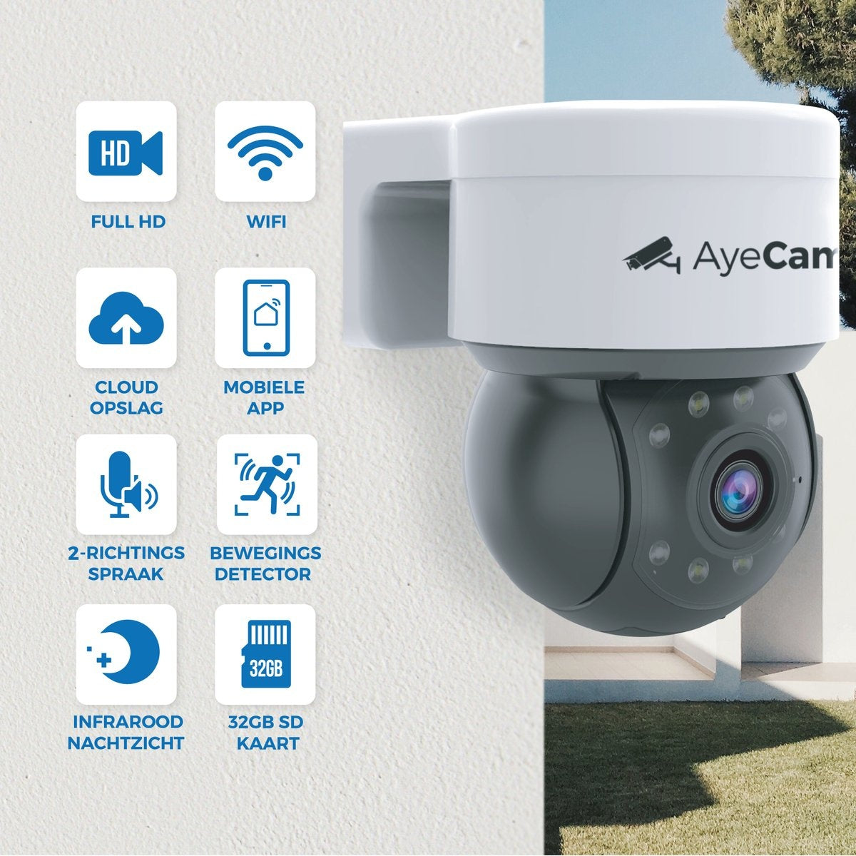 AyeCam Caméra de sécurité extérieure - 360PRO - FULL HD - Caméra de surveillance - Incl. 32GB SD
