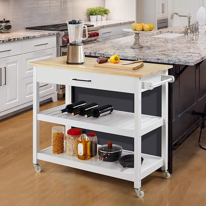 Chariot de cuisine Yaheetech 101,5 x 51 x 92,5 cm - 2 niveaux - tiroir - 4 roulettes - blanc/naturel