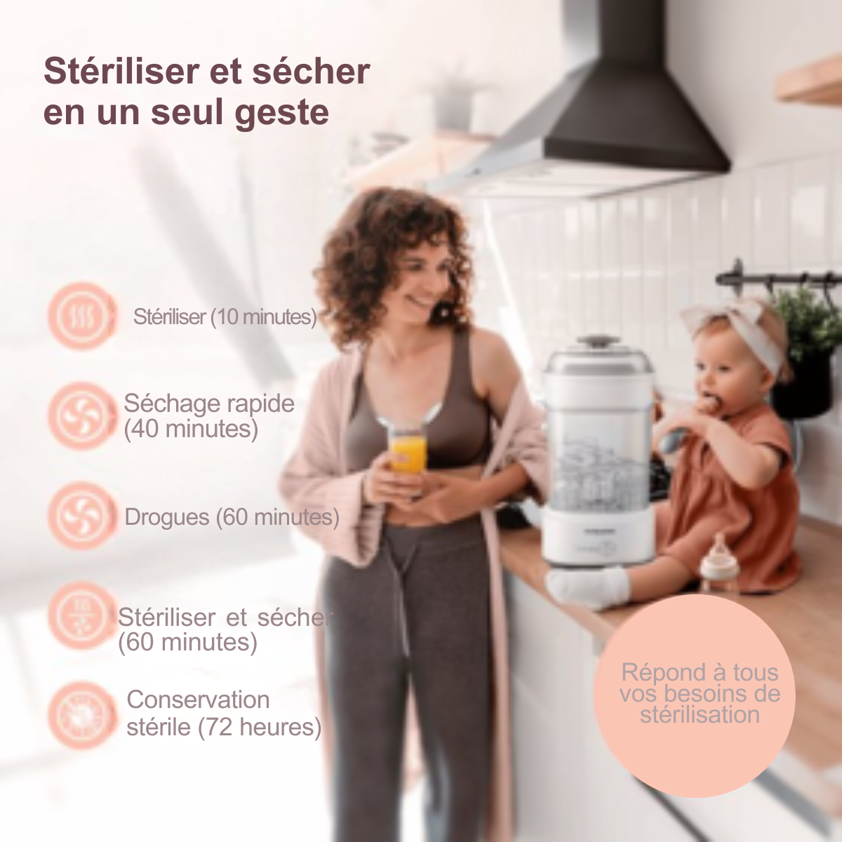Vulpes Goods® BabyCare - Stérilisateur de biberons électrique 5 en 1 - Stérilisateur à vapeur avec fonction sèche - Stérilisateur de biberons PRO - Kit de nettoyage inclus