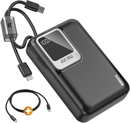Drivv. Batterie externe 20 000 mAh - Avec câble 8 broches et USB-C intégré - Câble de recharge 60 W inclus - Fonction de recharge rapide 22,5 W - USB / USB-C - Kit d'urgence