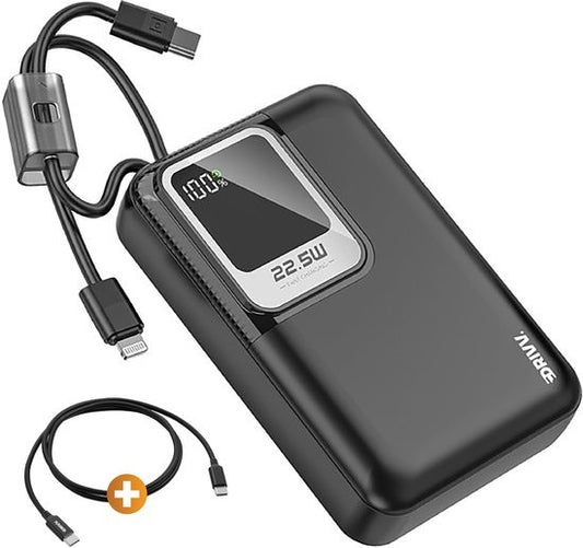 Drivv. Batterie externe 20 000 mAh - Avec câble 8 broches et USB-C intégré - Câble de recharge 60 W inclus - Fonction de recharge rapide 22,5 W - USB / USB-C - Kit d'urgence