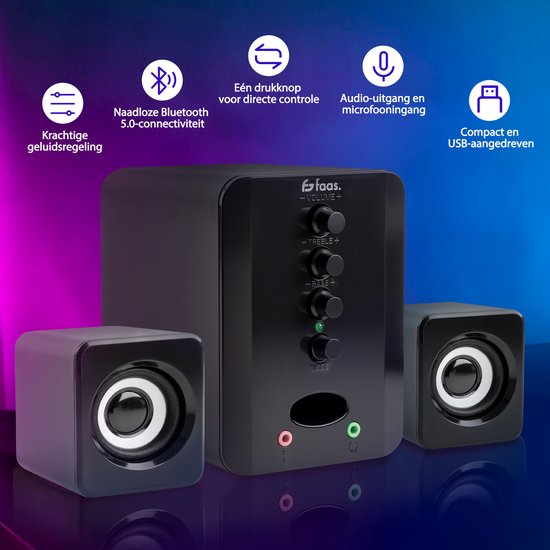 Faas - Haut-parleurs PC 2.1 - Bluetooth 5.0 - Microphone intégré - Connexion USB-C et USB-A - Ensemble d'enceintes stéréo - Noir