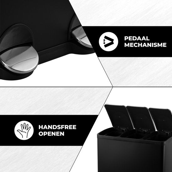 Bayt Poubelle - Poubelle 60 litres - Poubelle 60 litres - Poubelle à pédale 60 litres - Poubelle 3 compartiments - Poubelle tri sélectif - 3x 20 litres - inox - Noir