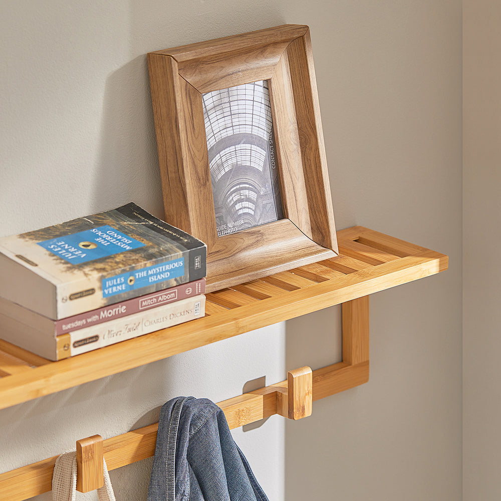 SoBuy FHK06-N Porte-manteau avec étagère murale - 6 crochets - 90x12,5x16,5 cm - Bambou