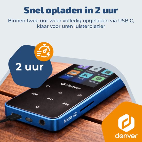 Lecteur MP3/MP4 Denver - Bluetooth - Lecture aléatoire/Répétition - Carte SD jusqu'à 128 Go - Écouteurs inclus - Dictaphone - MP1830BU - Bleu