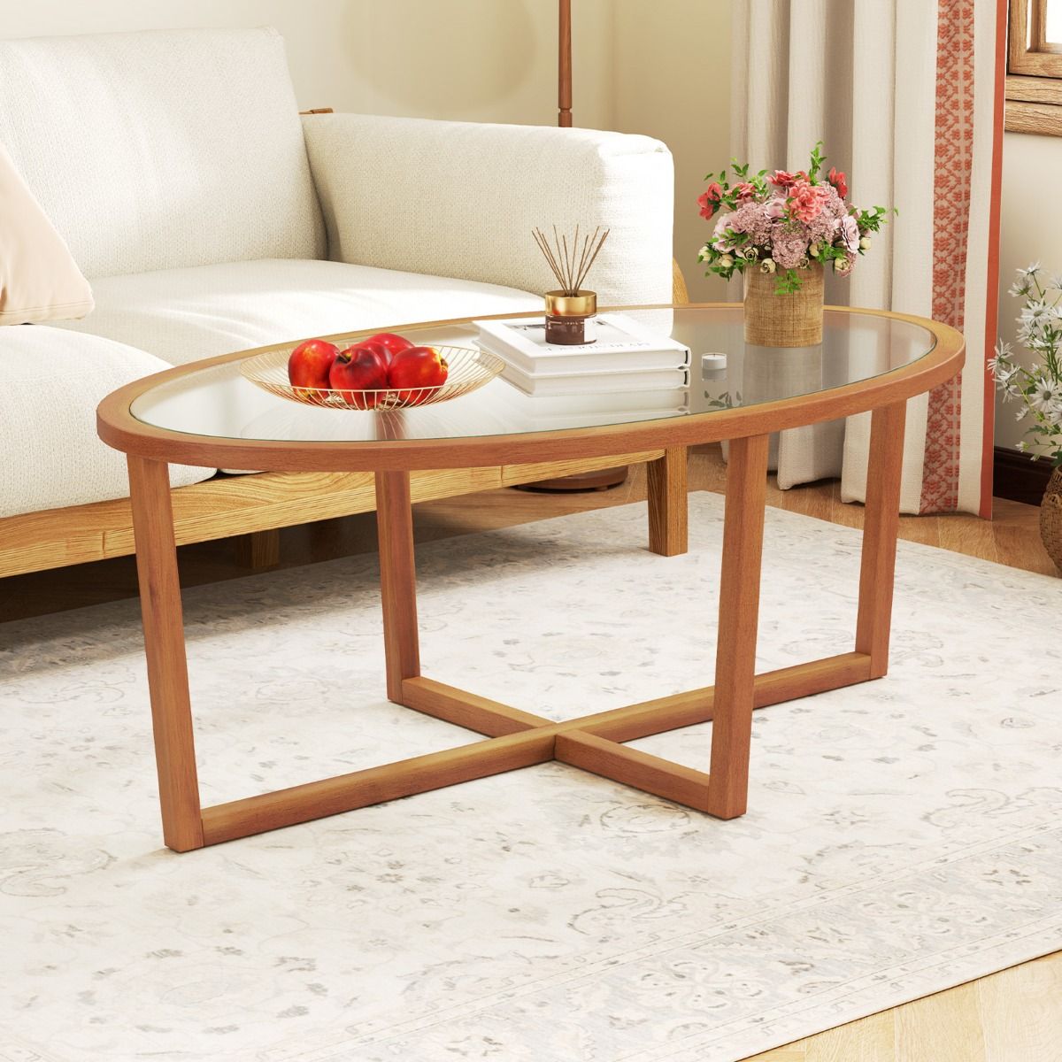 Table basse Coast - verre trempé ovale - piètement en croix en bois d'acacia - marron - 118 x 71,5 x 47,5 cm