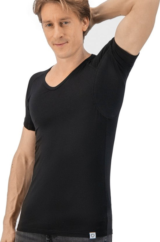 T-shirt anti-transpiration - Fibershirts® - Empiècements sous les aisselles cousus - Sous-vêtement - Noir - Col rond - Homme - Taille XXL