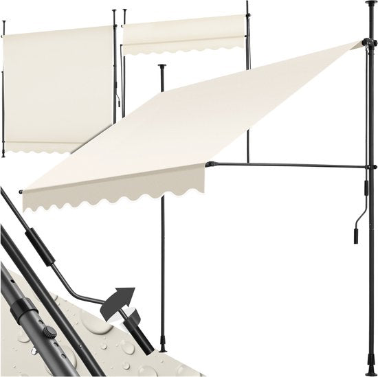 tectake® Auvent à fixation par pinces avec manivelle - Auvent de balcon sans perçage - Réglable en hauteur - Résistant aux UV - Hydrofuge - Auvent de terrasse - Protection solaire pour terrasse et balcon - Largeur 200 cm - Beige
