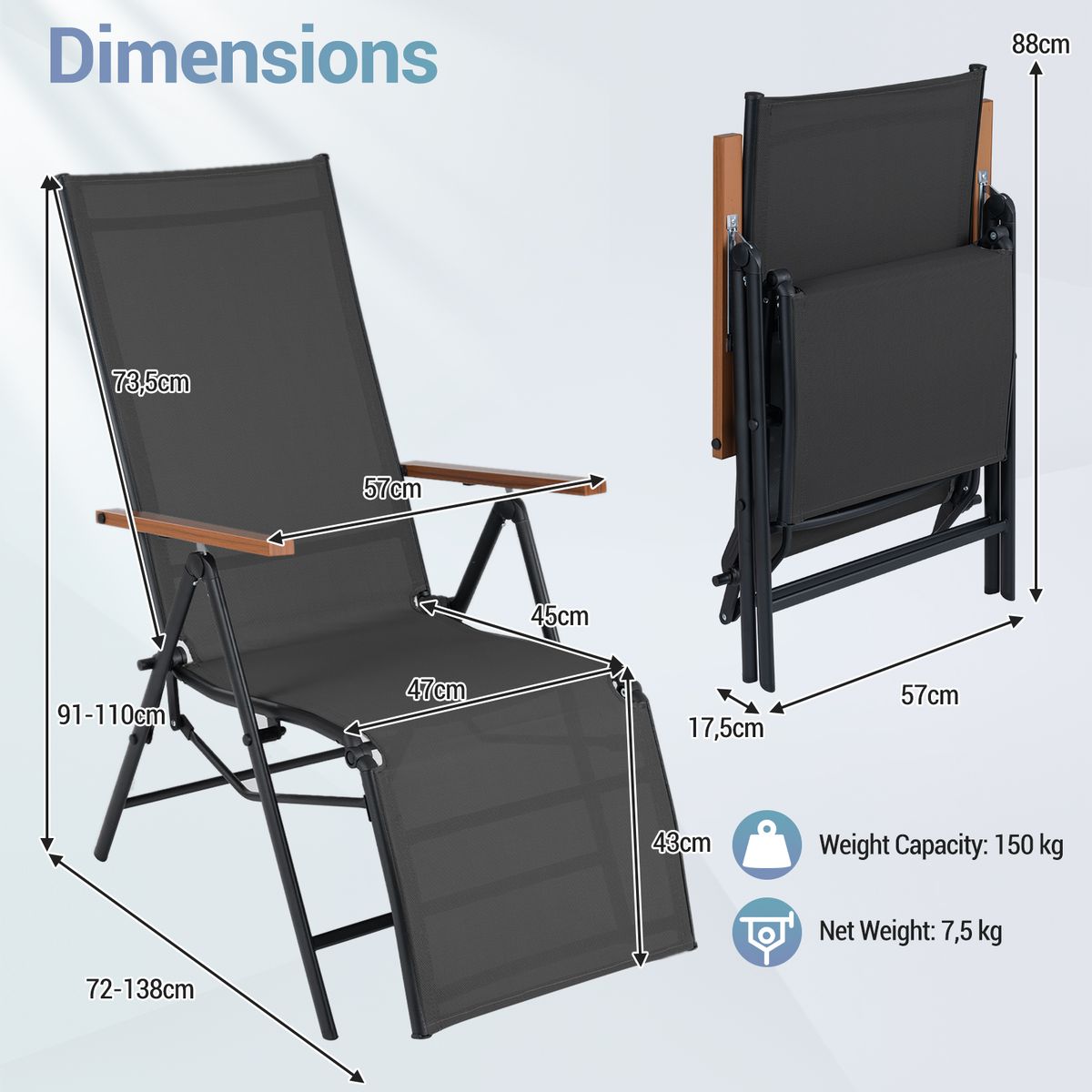 Ensemble de 2 chaises longues pliantes Coast - Dossier réglable - Accoudoirs - Noir