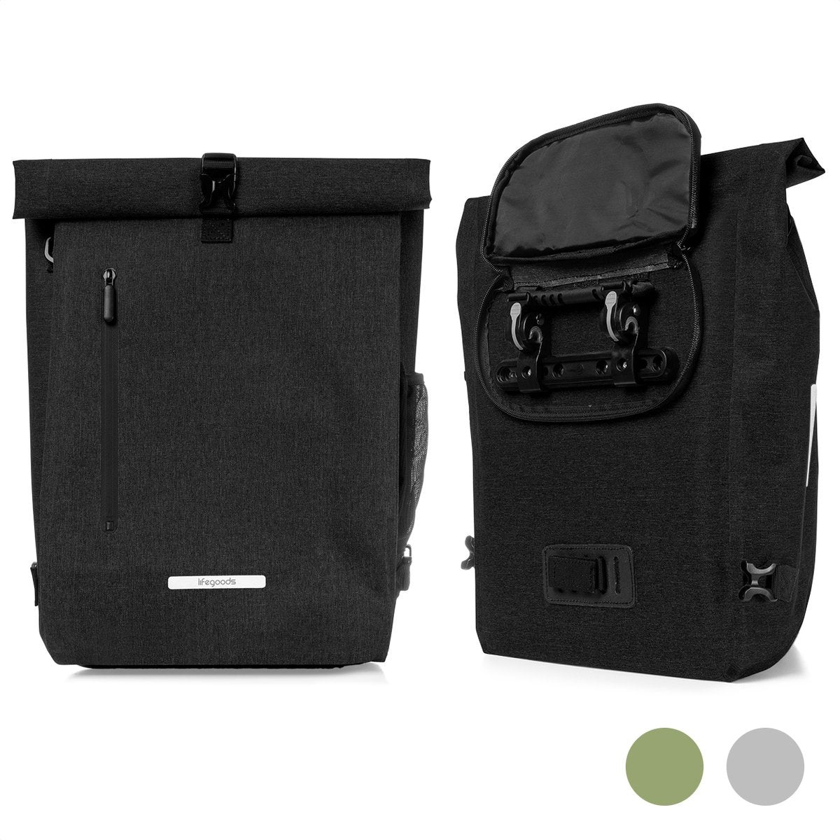 Sac à bandoulière et sac à dos LifeGoods Compact - 25L - Porte-bagages ronds - Imperméable - Noir