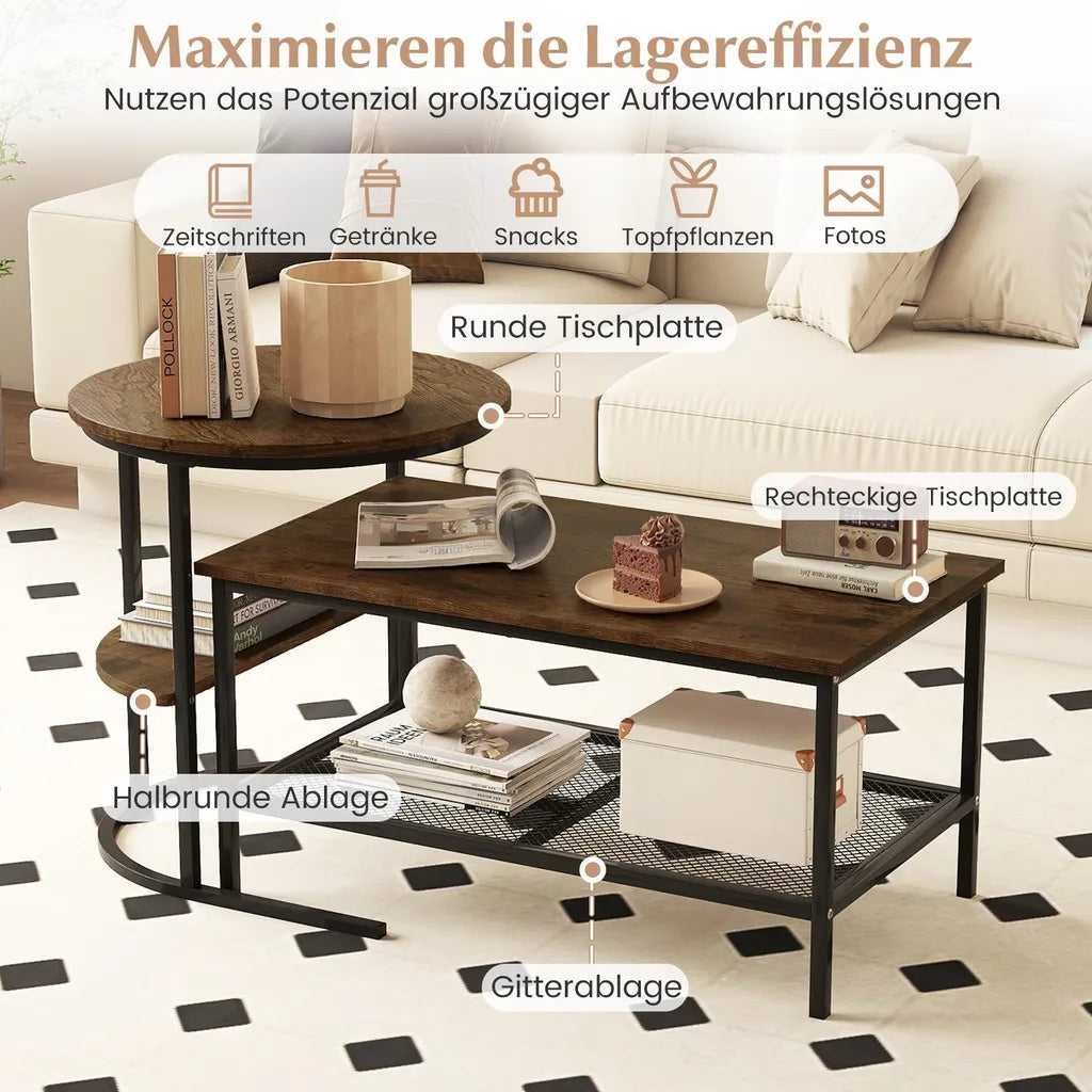 Coast Coffee Table Set of 2 - Table d'appoint ovale et ronde avec structure en métal - Brown