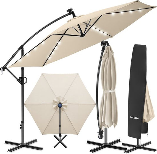 tectake® Parasol suspendu avec pied - 3,5 x 3,5 m - Parasol de jardin avec éclairage LED à énergie solaire - Orientable - Polyester hydrofuge avec protection UV - Housse incluse - Beige