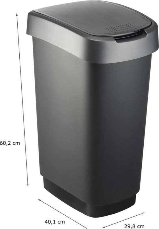 Rotho Twist Trash Can - 50L - 60.2cm - Avec couvercle basculant - Silver/Black