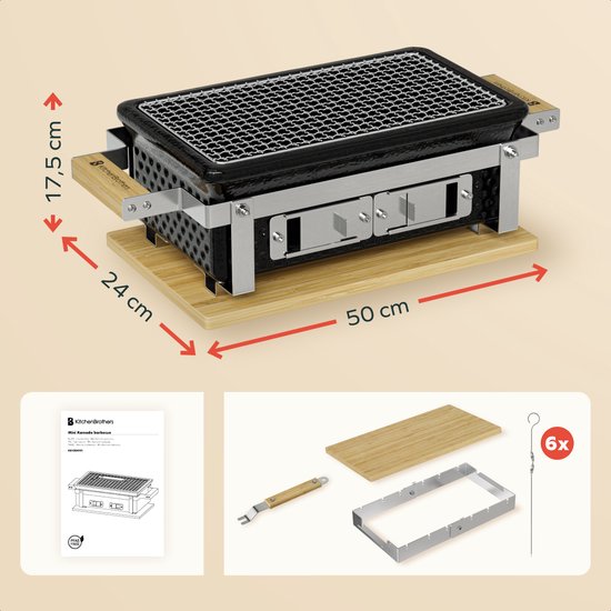 KitchenBrothers Kamado Hibachi Grill - Sans PFAS - Avec grille et bâtons - Barbecue au charbon de bois - Grill de table Shichirin - Barbecue rectangulaire - Barbecue en céramique - Noir
