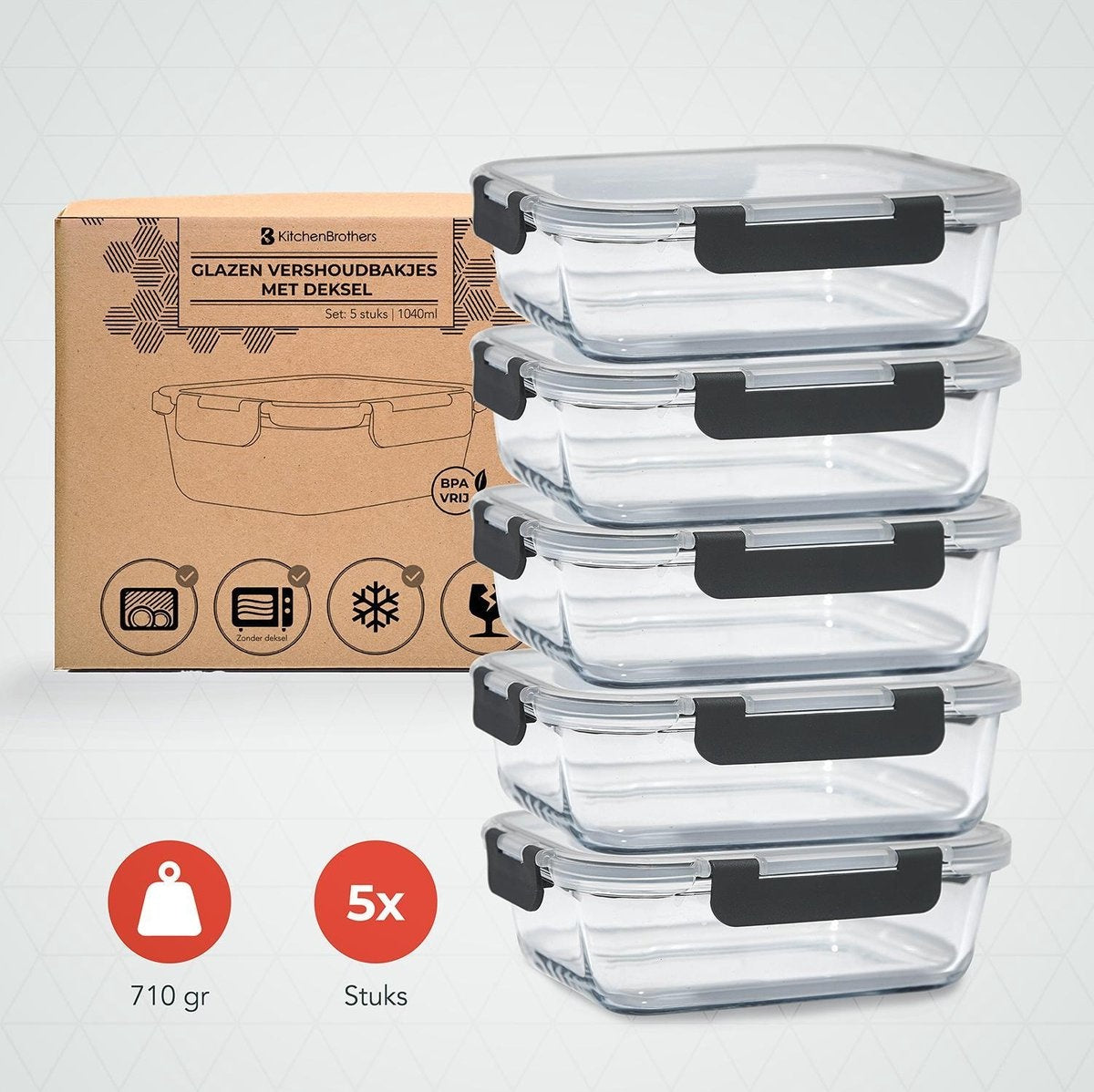 Boîtes repas en verre - KitchenBrothers - hermétique - sans BPA - 1L - 5 pièces