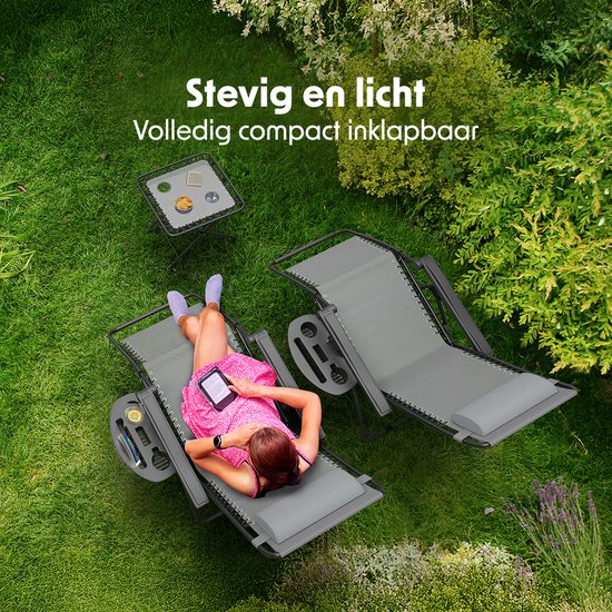 LifeGoods Chaises longues - pliable - ensemble complet - avec table d'appoint - 30°-90° réglable - chaises de jardin - métal - gris