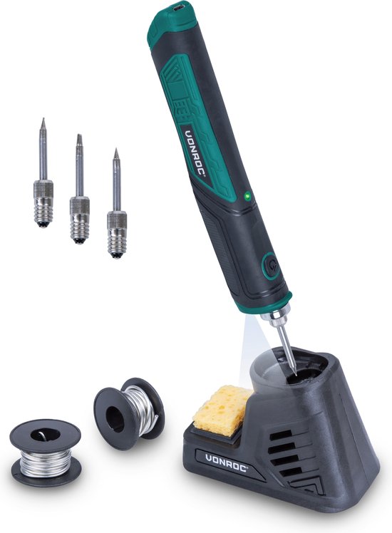 Fer à souder VONROC 4V – Max. 450°C – Incl. support de fer à souder avec éponge, étain à souder et pointes