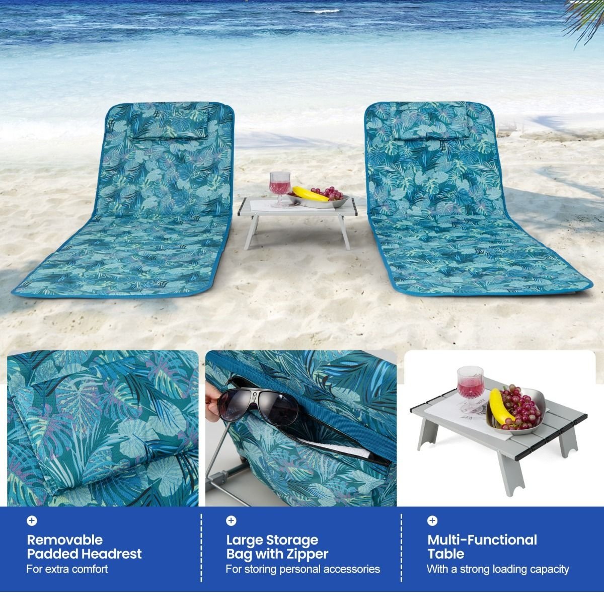 Tapis de plage et table d'appoint Coast - Lot de 3 - Bleu turquoise - Pliable