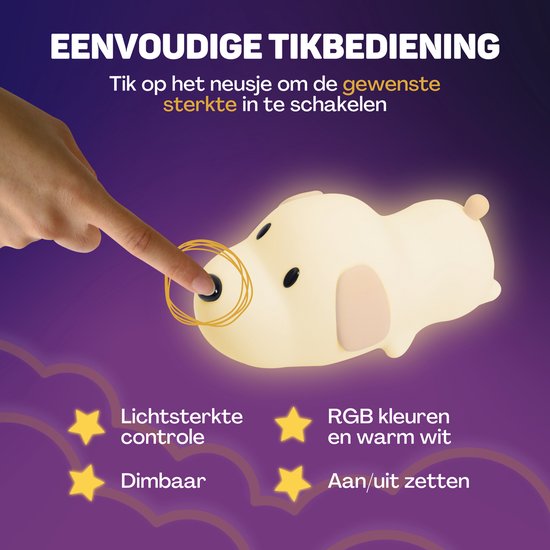Vulpes Goods® Veilleuse pour enfants - Lumière LED et 8 couleurs - Veilleuse pour chambre de bébé - Chiot - Rechargeable par USB - Variateur - Minuteur - Sans fil - Adapté aux enfants