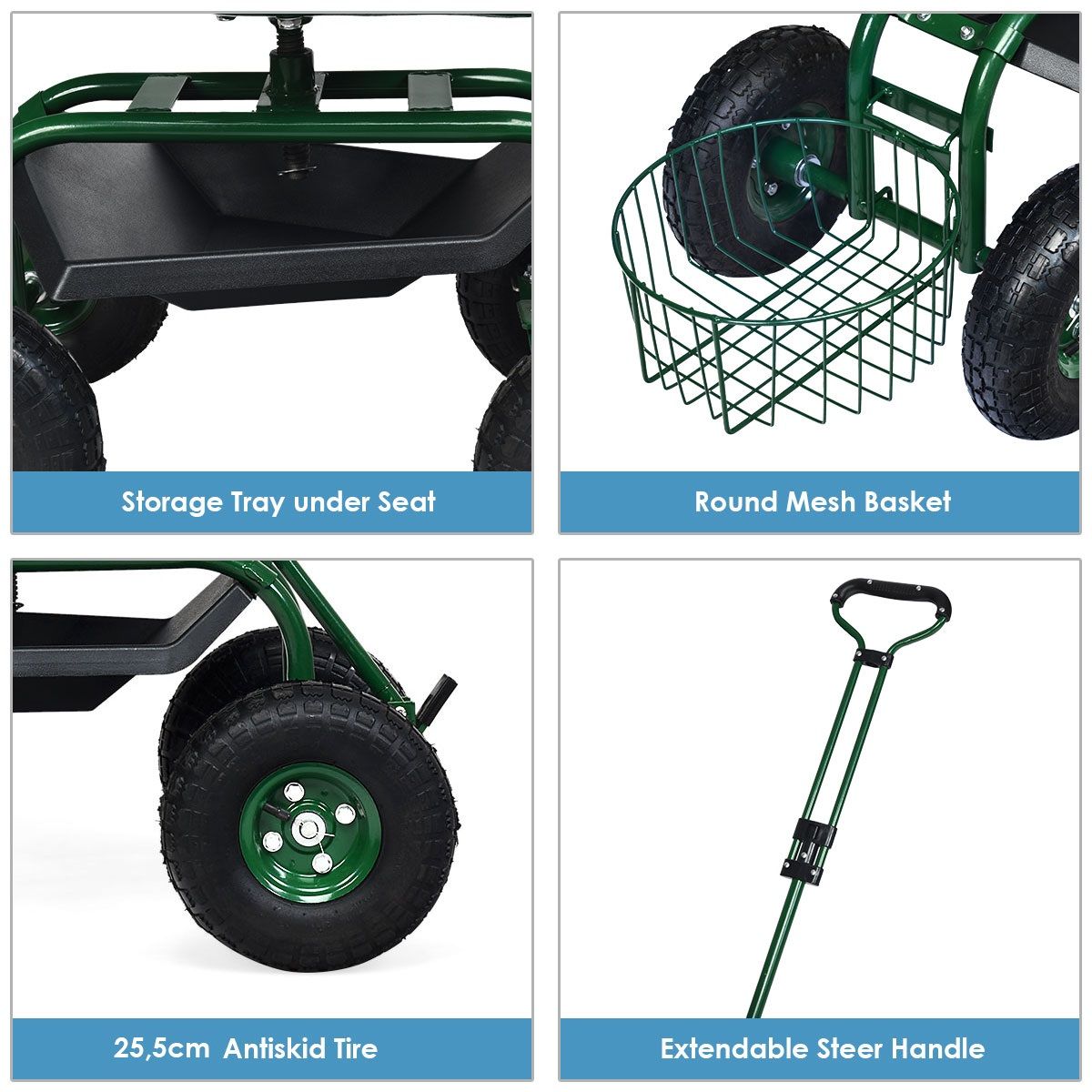 Chariot de jardin Coast avec poignée réglable - siège ergonomique - panier de rangement et bacs à outils - vert