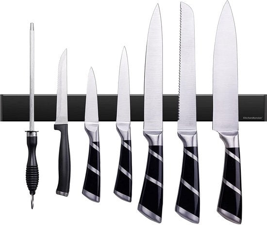 Bloc de couteaux aimanté 40 cm - KitchenMonster® - Porte-couteau magnétique avec bande adhésive (3M) et fixation par vis - Bande magnétique pour couteaux en acier inoxydable - noir