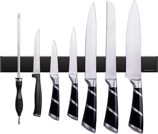 Bloc de couteaux aimanté 40 cm - KitchenMonster® - Porte-couteau magnétique avec bande adhésive (3M) et fixation par vis - Bande magnétique pour couteaux en acier inoxydable - noir