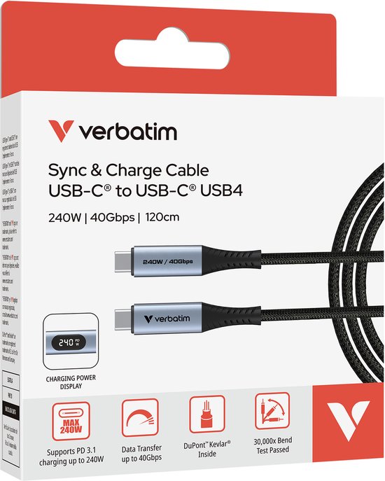 Câble Verbatim Sync & Charge USB-C vers USB-C 40 Gb/s 240 W pour téléphones