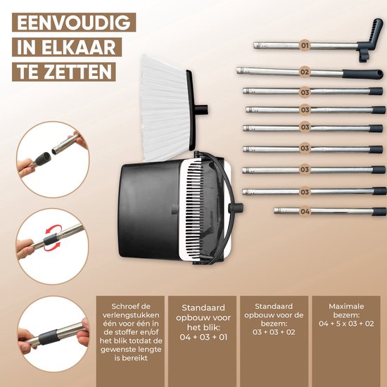 TTD® Pelle et brosse avec long manche XXL - réglable 54-263 cm - Balai - manche de balai - gris et noir - Pelle et brosse - Pelle pour l'intérieur et l'extérieur - Dents de nettoyage intégrées