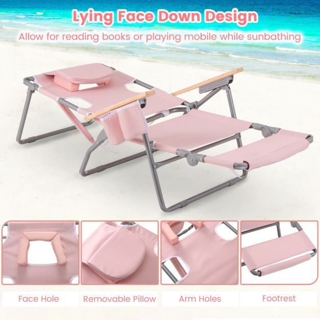 Chaise de plage pliable Coast 66 x 149 x 56 cm - 3-en-1 - Repose-pieds/ouverture au niveau du visage - Rose