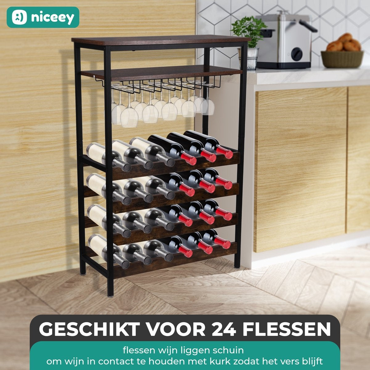 Niceey Support à vin - Pour 24 bouteilles et 15 verres - Noir