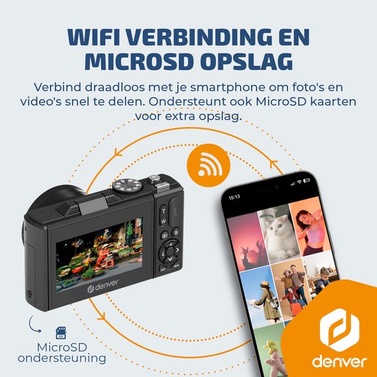 Appareil photo numérique Denver - Full HD 5K - 75 MP - Appareil photo pour vlog - Connexion Wi-Fi - Photo et vidéo - Appareil photo - DWC8475B
