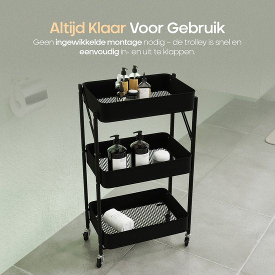 O'DADDY® Kitchen Trolley Collapsible - 3 Layers - Serviteur sur roues - Chariot de cuisine - Table roulante - Chariot de rangement - Chariot de rangement - Support de cuisine - Noir