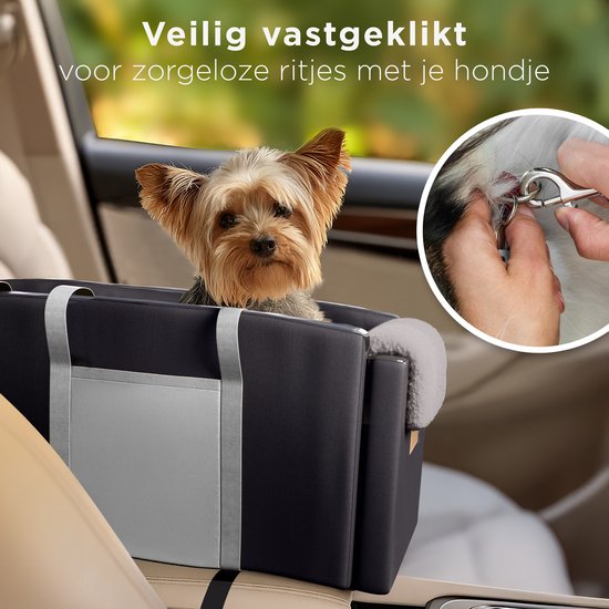 CozySense® Siège auto pour chien - Panier auto pour chien avec housse lavable - Pour petit chien - S'adapte à la console centrale - Sert également de sac de transport - Noir/Gris