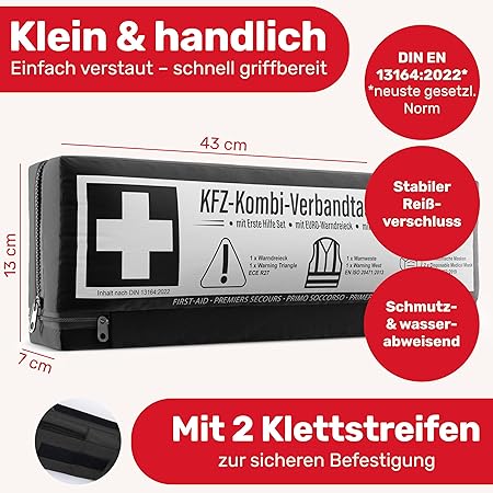Car combi bag (3 en 1) selon la norme actuelle 2026 - y compris triangle de signalisation, gilet de sécurité - kit de premiers secours triangle de signalisation kit de premiers secours pour voiture DIN 13164:2022 (conformément au code de la route allemand