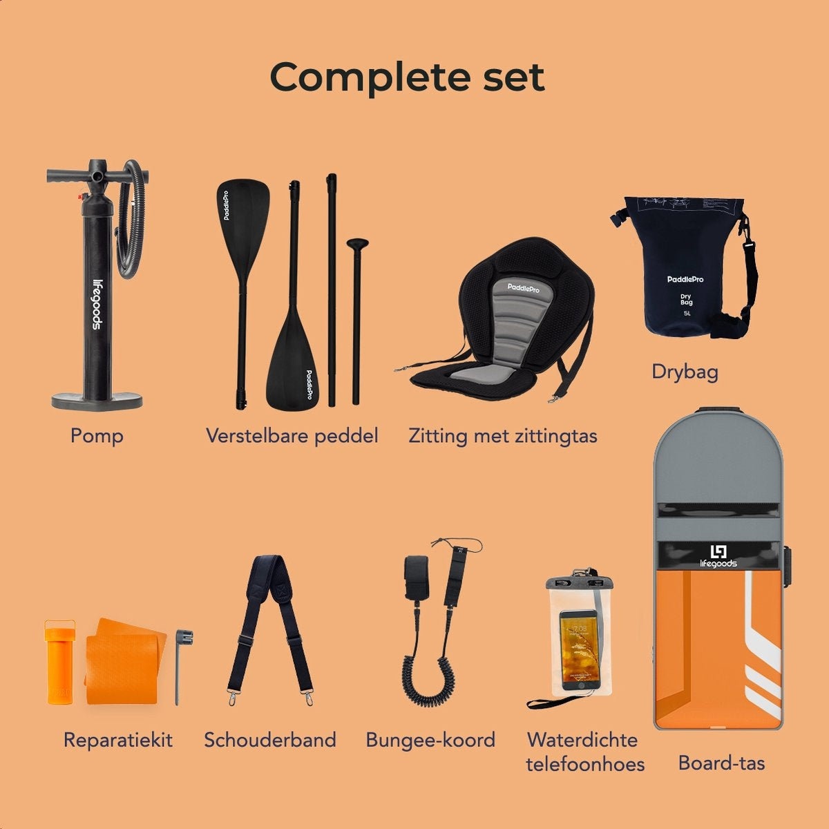 LifeGoods SUP Board - Deluxe Set - avec siège - Planche à pagaie gonflable - Max. 135KG - 320x81cm - Orange