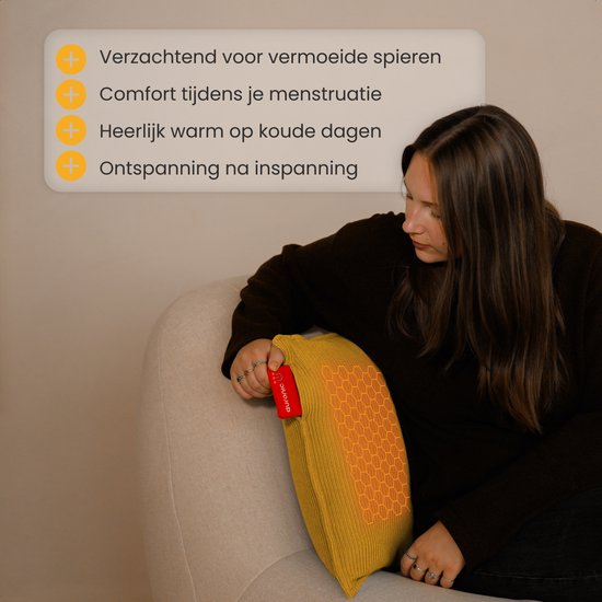 Auronic Heat Pillow - Tricoté - 45x45 - Sans fil - Rechargeable - Oreiller électrique - Infrarouge - Jaune