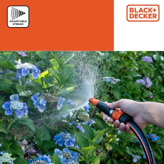 BLACK+DECKER Buse réglable - Pistolet d'arrosage pour tuyau d'arrosage - Débit d'eau réglable - 12 x 3.5 x 3.5 CM - Orange/Noir