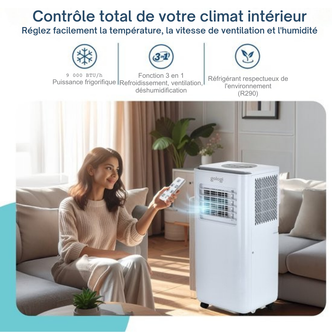Gologi 3-in-1 Mobile Air Conditioner - Rafraîchisseur d'air avec Wifi et App - 9,000 BTU/h - Avec kit d'étanchéité pour fenêtre - Télécommande incluse - Convient pour la chambre à coucher - Blanc